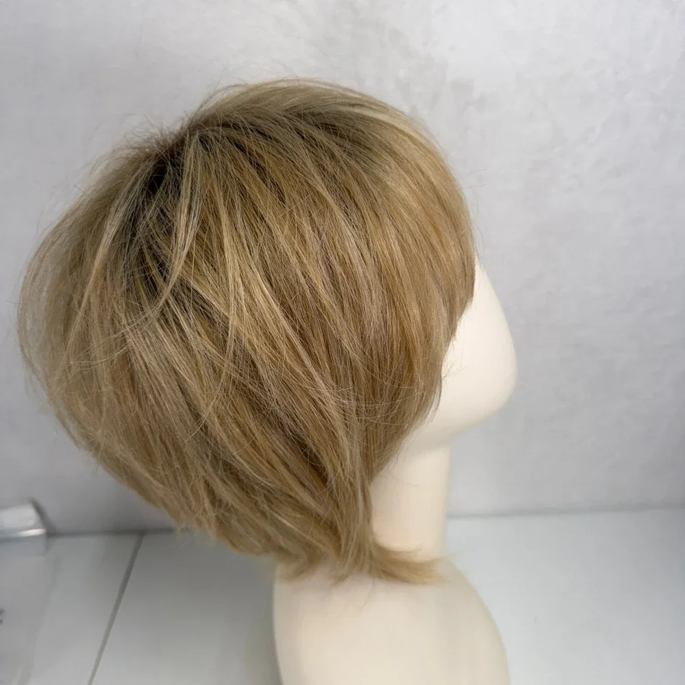 Pixie Cut Short Blonde Wig Layered Rooted Modacrylic Fiber Natural Style Classic